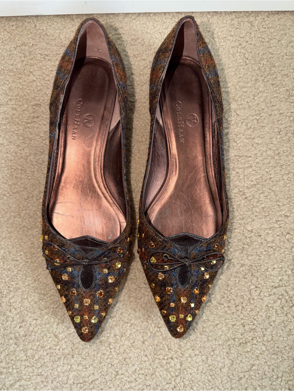 Cole Haan Y2K 2000s Tweed Jeweled Pointed Toe Ballet Flats Womens 8B